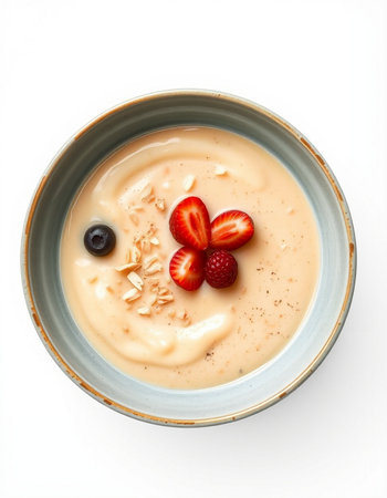 Yogurt with strawberries and blueberries in a bowl isolated on white backgroundの写真素材
