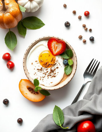 Healthy breakfast with yogurt, berries and fruits on white background.の写真素材