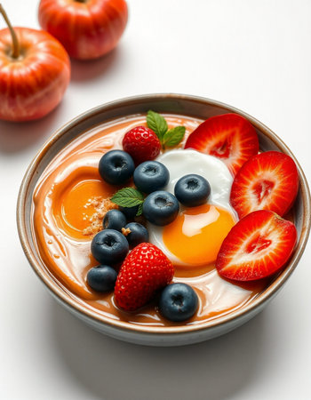 Breakfast bowl with yogurt, strawberries and blueberries on white backgroundの写真素材