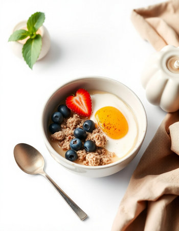 Healthy breakfast with oatmeal, berries and egg on white background