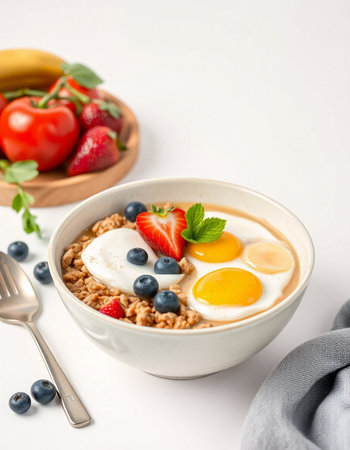Healthy breakfast bowl with oatmeal, berries and eggs on white background
