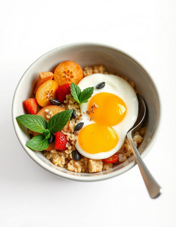 Healthy breakfast with oatmeal, fresh strawberries and egg on white background