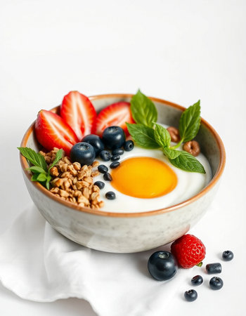 Yogurt with granola, berries and egg on white backgroundの写真素材