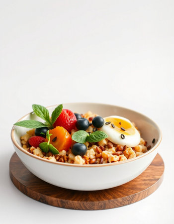 Healthy breakfast with muesli, berries and egg on white background