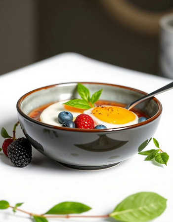 Yogurt with fresh berries in a bowl on a white backgroundの写真素材