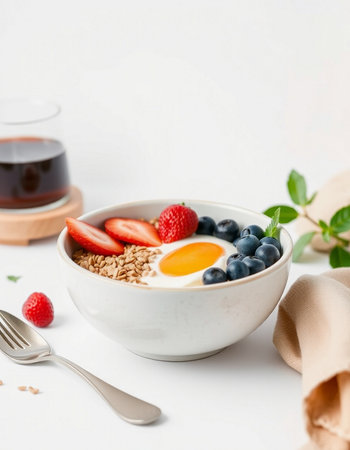 Healthy breakfast with oatmeal, berries and egg on white backgroundの写真素材