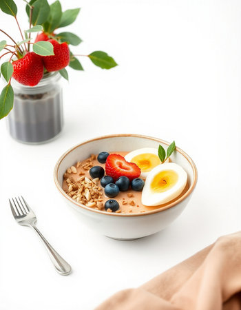 Healthy breakfast. Oatmeal with berries on white backgroundの写真素材