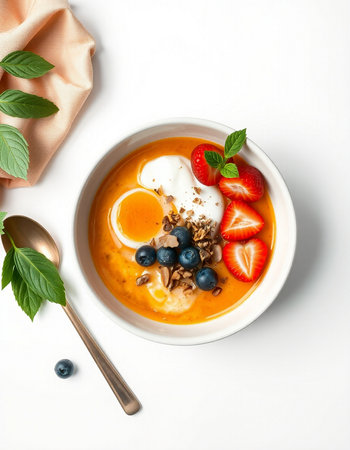 Pudding with yogurt, berries and granola in bowl on white backgroundの写真素材