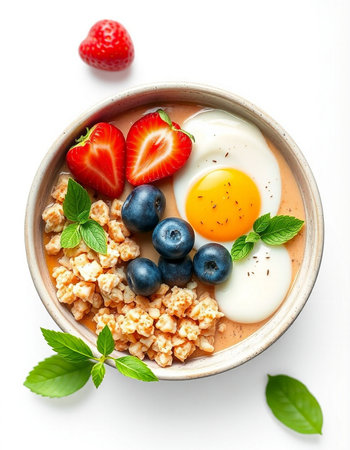 Breakfast bowl with oatmeal, berries and egg