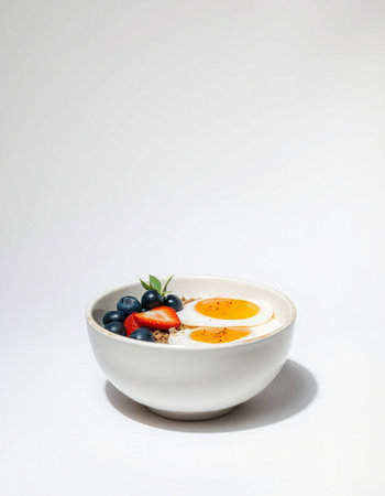 Healthy breakfast with yoghurt and berries on a white backgroundの写真素材