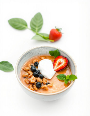 strawberry and cashew cream in bowl, food closeupの写真素材