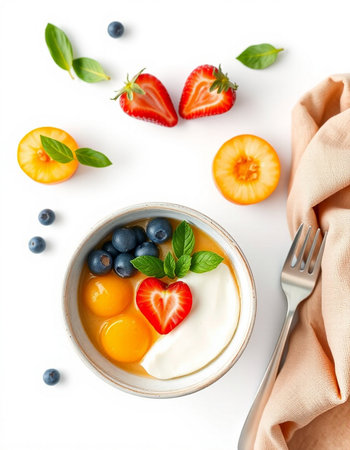 Healthy breakfast with yogurt, berries and fruits isolated on white backgroundの写真素材