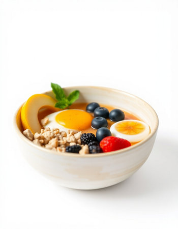 Healthy breakfast with oatmeal, berries and fruits on white backgroundの写真素材