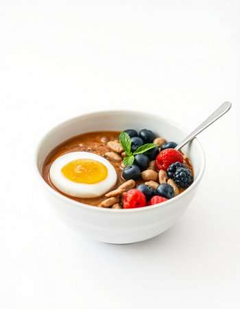 Healthy breakfast. Oatmeal porridge with berries on white backgroundの写真素材