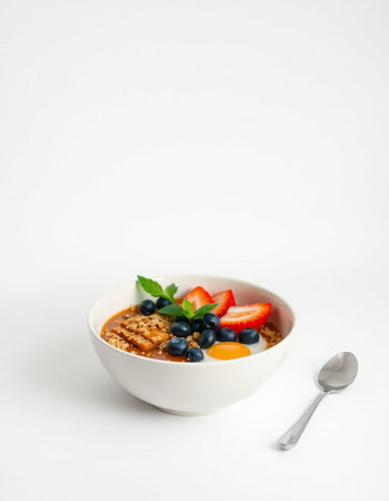 bowl of oatmeal with blueberries and strawberries on a white backgroundの写真素材