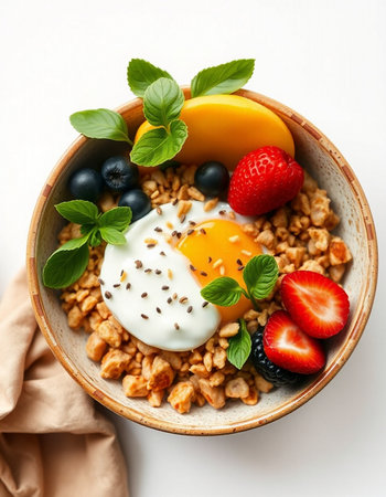 Healthy breakfast bowl with granola, fresh berries and egg on white background