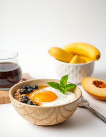 Fried eggs with blueberries and bananas in a bowl on a white backgroundの写真素材