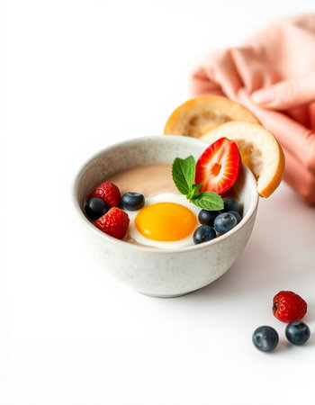 Healthy breakfast with omelet and fresh berries on white background
