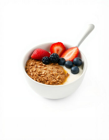 Healthy breakfast with muesli and berries isolated on white background