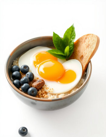 Breakfast with eggs and blueberries on a white backgroundの写真素材