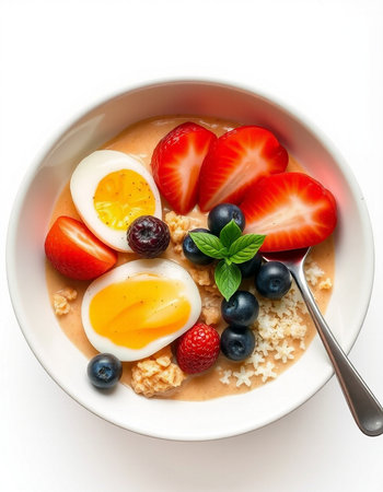 Healthy breakfast bowl with oatmeal, berries and egg isolated on white background