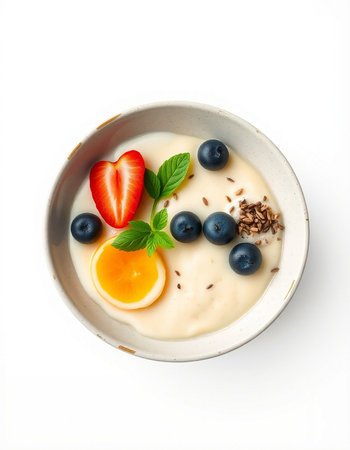 Milk porridge with fruits and berries, isolated on white backgroundの写真素材