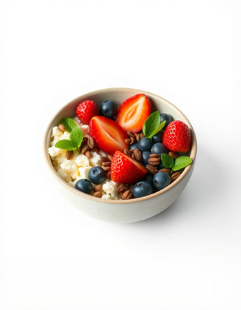 Oatmeal porridge with fresh berries and nuts isolated on white background
