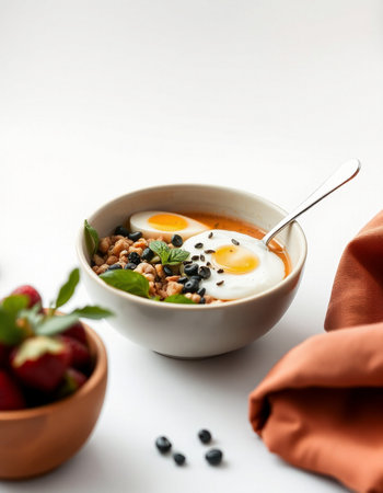 Healthy breakfast bowl with yogurt, egg and berries on white backgroundの写真素材