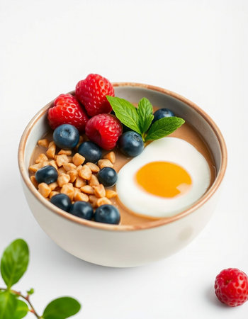 Healthy breakfast bowl with oatmeal, fresh berries and fried egg