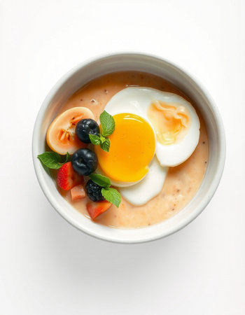 Bowl of oatmeal porridge with eggs and berries on white background