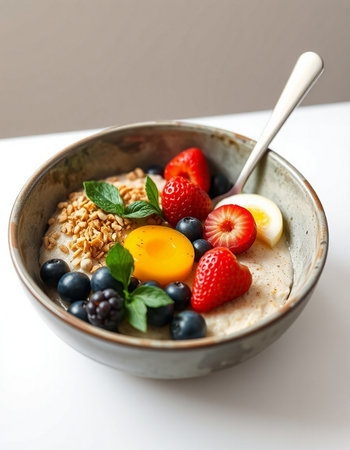 Oatmeal porridge with fresh berries and egg. Healthy breakfast.