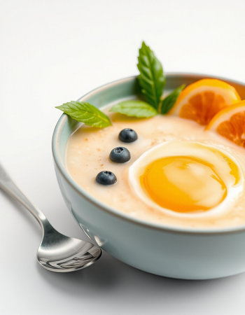 Bowl of oatmeal porridge with blueberries, orange and mintの写真素材