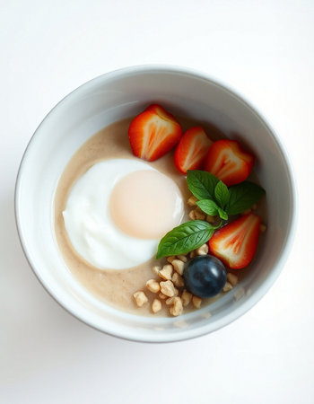 Bowl of oat porridge with strawberries, blueberries and mintの写真素材