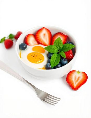 Breakfast with eggs, strawberries and blueberries on a white background