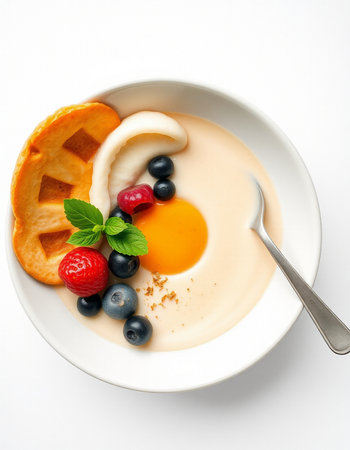 Yogurt with fruit and berries in a bowl on white backgroundの写真素材