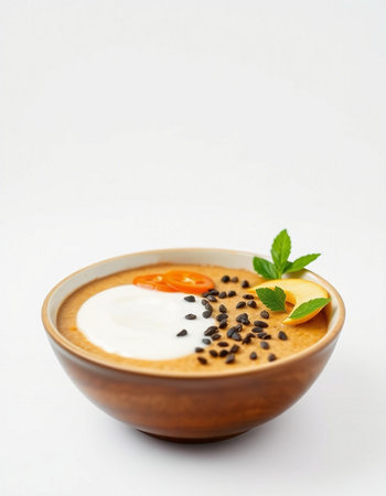 Creamy pumpkin soup with cream in a bowl on a white backgroundの写真素材