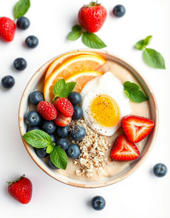 Healthy breakfast bowl with oatmeal, berries, fruits and eggの写真素材