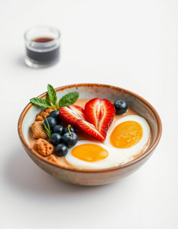 Breakfast with berries and yogurt on white background.