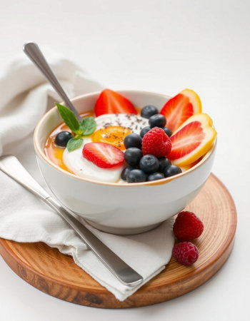 Healthy breakfast bowl with yogurt, fresh berries and fruits on white background