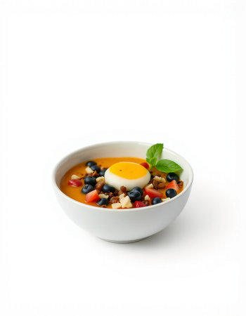 Soup with berries and eggs in a bowl on a white background
