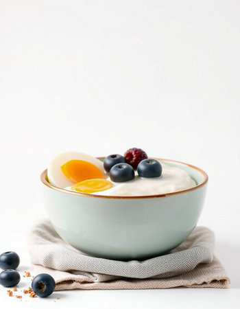 Yogurt with berries in a bowl on a white background.