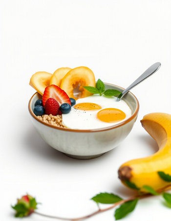 Breakfast with oatmeal, berries and fruits on a white background