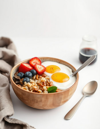 Healthy breakfast bowl with oatmeal, berries and egg on white background