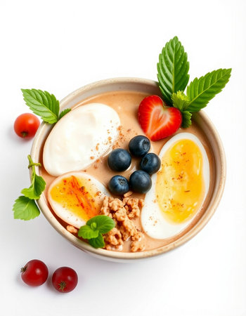 Oatmeal porridge with fresh berries and soft-boiled eggs