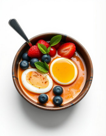 Bowl of yogurt soup with fresh berries and eggs on white backgroundの写真素材