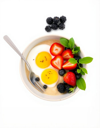 Healthy breakfast with oatmeal, eggs and berries isolated on white background