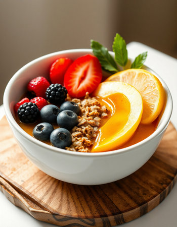 Healthy breakfast bowl with muesli, fresh berries and fruitsの写真素材