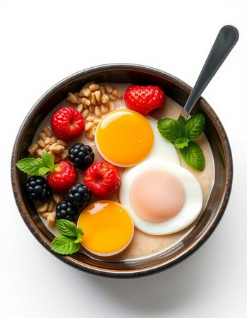 Oatmeal porridge with berries and egg in bowl on white background
