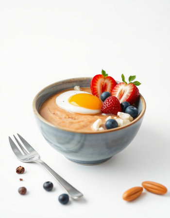 A bowl of oatmeal porridge with strawberry, blueberry and egg