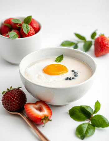 yogurt with fresh strawberries and mint on a white background.の写真素材